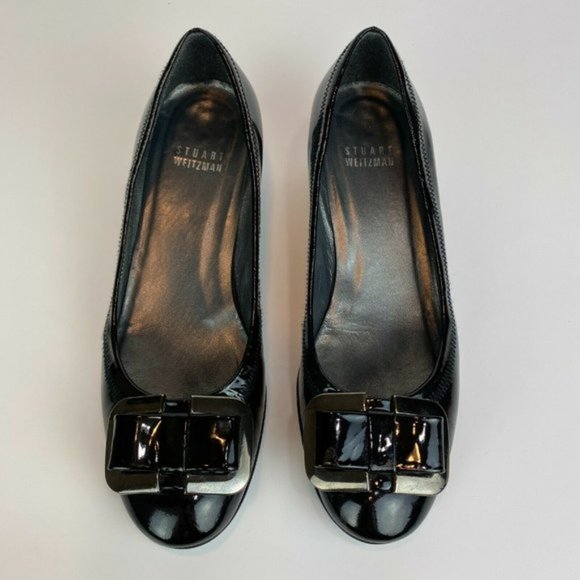 Stuart Weitzman Wedge Heels 5.5‎ Black Patent Leather Silver Bow Office Career - Picture 6 of 11